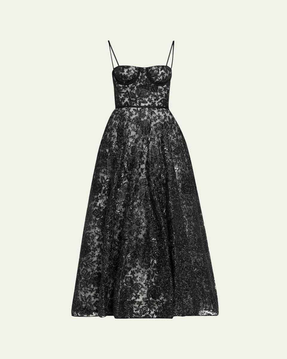 Sequined Floral Lace Bustier A-Line Maxi Dress